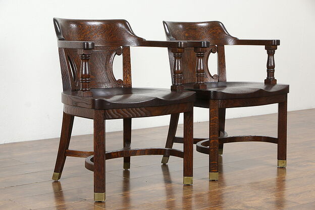 Pair of Oak Quarter Sawn Antique Banker, Office or Library Desk Chairs #35631 photo