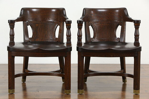 Pair of Oak Quarter Sawn Antique Banker, Office or Library Desk Chairs #35992 photo