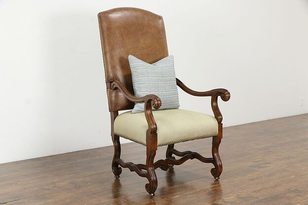 Leather Large Carved Fruitwood Vintage Chair, Ralph Lauren #35995 photo