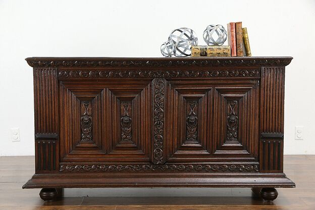 Oak Antique French Farmhouse Dowry Cabinet or TV Console, Carved Angels #34361 photo