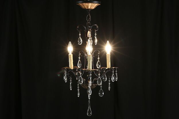 Wrought Iron 3 Candle Vintage Hand Painted Chandelier, Teardrop Prisms #36058 photo
