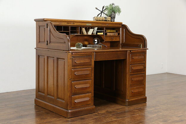 Oak Antique S Curve Roll Top Office Desk, Raised Panels, Derby of Boston #34494 photo