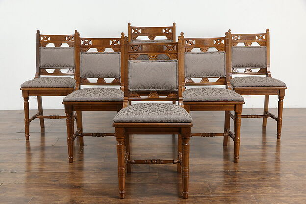 Victorian Eastlake Antique Set of 6 Walnut Dining Chairs, New Upholstery #34822 photo