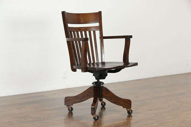 Oak 1915 Antique Craftsman Swivel Adjustable Office Desk Chair, Johnson #35142 photo