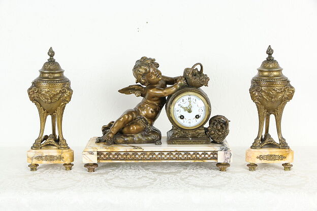 French 3 Pc Antique Marble Mantel Clock Set, Angel or Cherub Sculpture #35335 photo