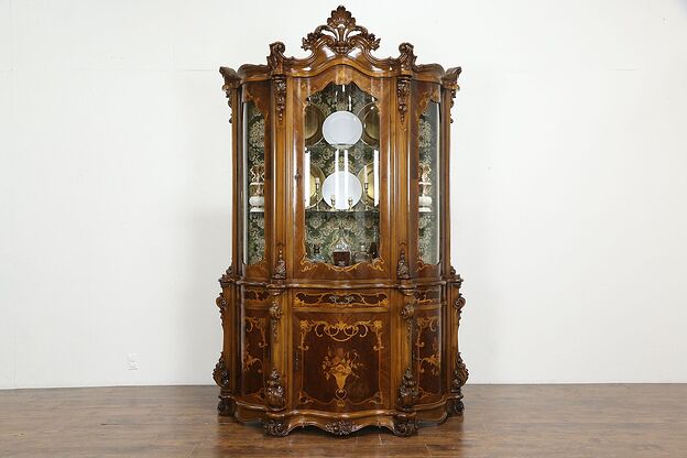Baroque Italian Marquetry Carved Vintage China or Curio Display Cabinet #36135 photo