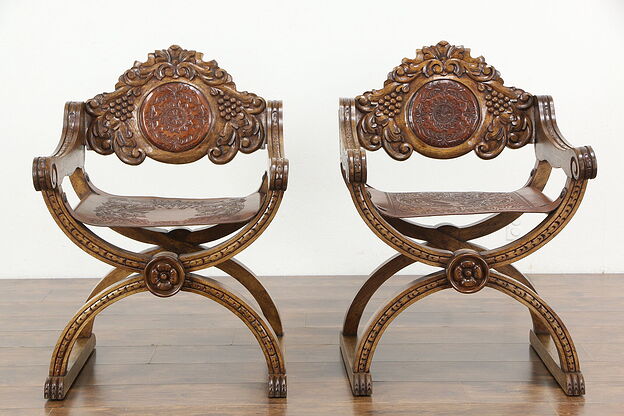 Pair Spanish Vintage Savonarola Chairs Grape Carved, Tooled Leather #36185 photo