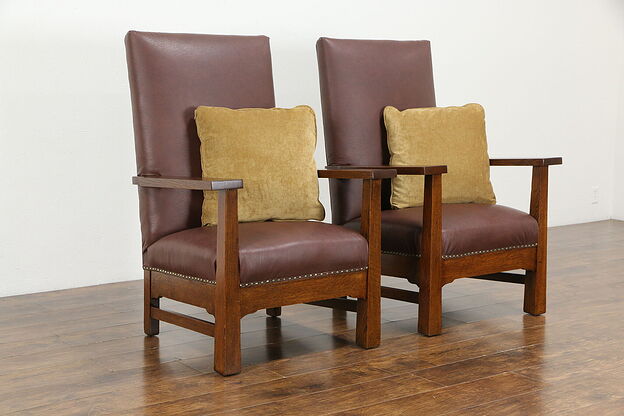 Arts & Crafts Mission Oak Antique Pair of Large Craftsman Lodge Chairs #36203 photo
