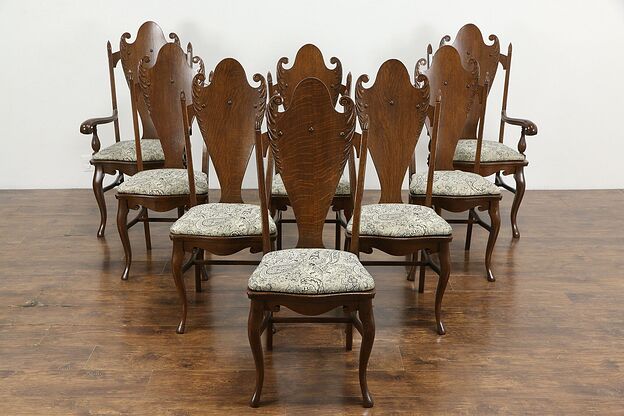 Set of 8 Art Nouveau Antique Carved Oak Dining Chairs, New Upholstery #36286 photo