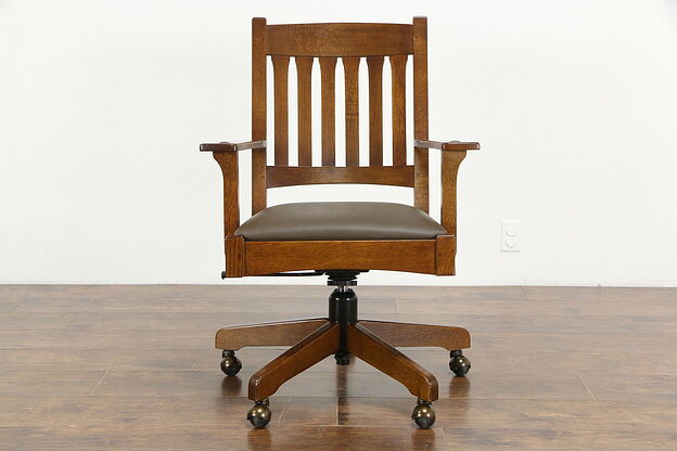 Stickley Vintage Craftsman Oak & Leather Swivel Office Desk Chair #36426 photo