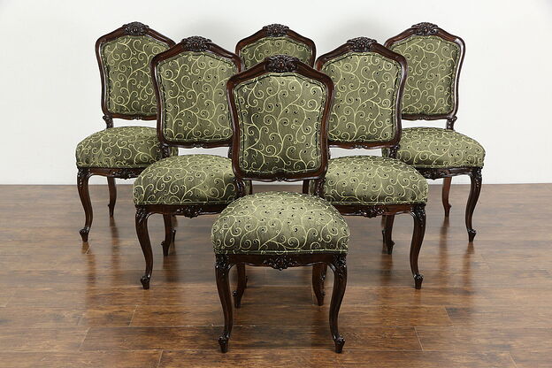 Set of 6 Hand Carved Walnut Antique Italian Dining Chairs, New Upholstery #36176 photo