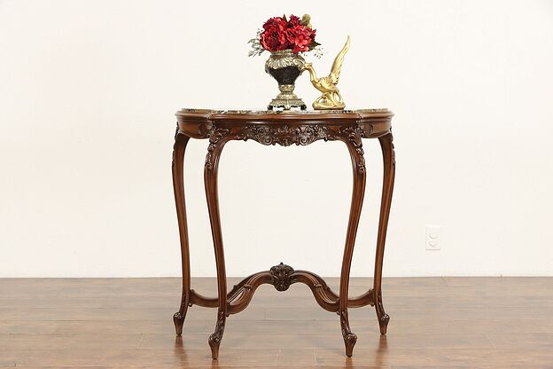 Carved Walnut Antique French Hall Console Table, Marble Top #36389 photo