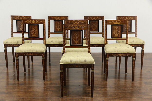 Set of 8 Rosewood Marquetry Antique Italian Dining Chairs, New Upholstery #36518 photo