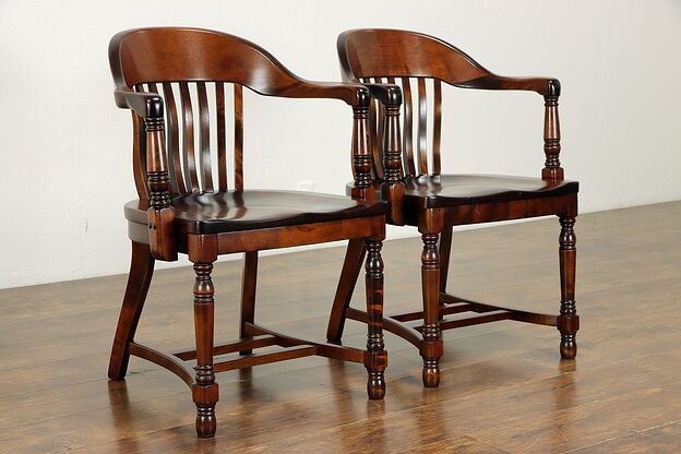 Pair of 1910 Antique Birch Hardwood Office Banker or Desk Chairs #33996 photo