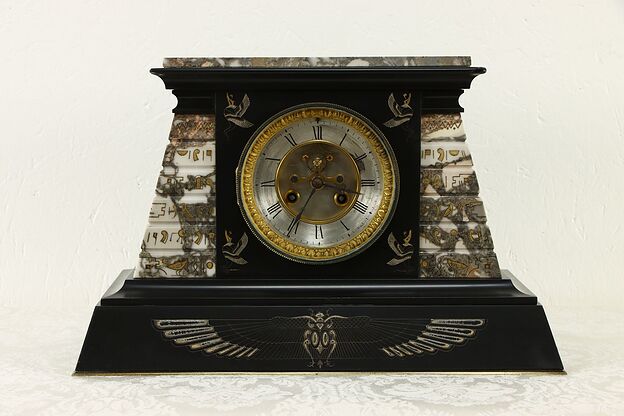 Egyptian Design Antique Marble Clock, Jeweled Escapement, France #34641 photo