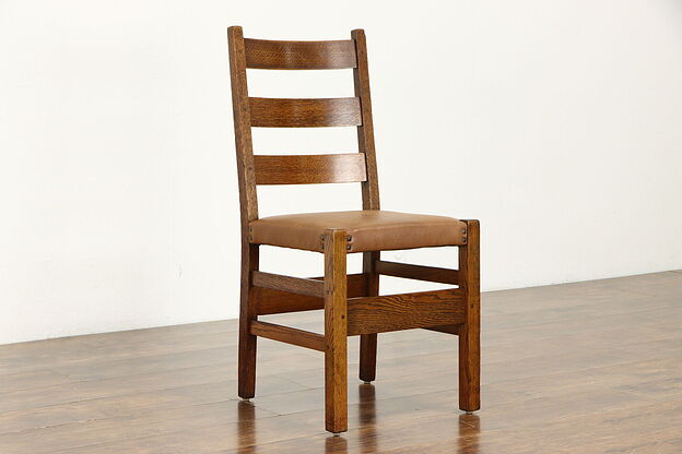 Mission Oak Arts & Crafts Signed Stickley Antique Craftsman Leather Chair #35104 photo