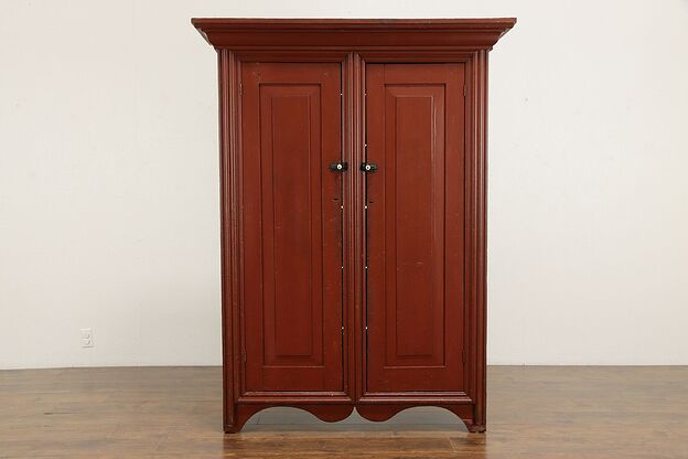 Farmhouse Country Pine Antique Cupboard, Cabinet or Armoire, Red Paint #35139 photo