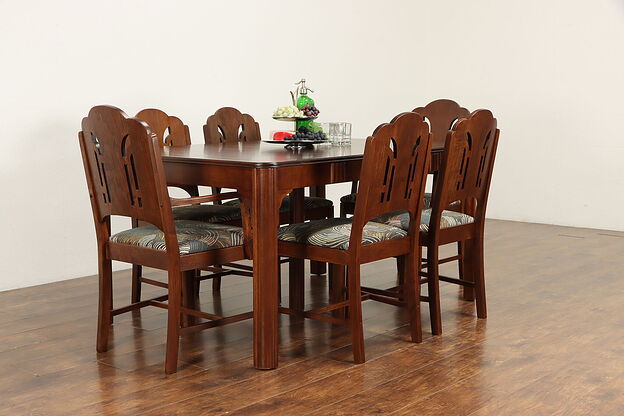 Art Deco Vintage Dining Set, Table Extends 8,' Newly Upholstered 6 Chairs #36046 photo