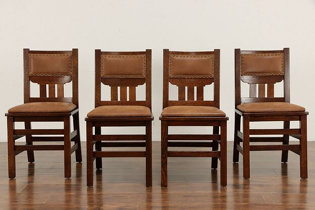 Set of 4 Art & Crafts Mission Oak Craftsman Leather Dining Chairs Phoenix #36143 photo