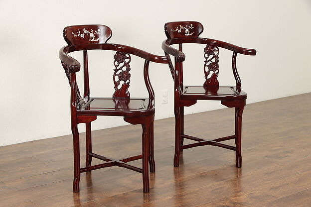 Pair of Chinese Vintage Rosewood Corner Chairs, Pearl & Abalone Marquetry #36255 photo