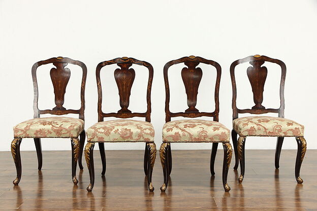 Set of 4 Italian Antique Walnut Game or Dining Chairs, Inlaid Marquetry #36499 photo