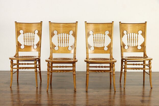 Victorian Set of 4 Carved Birch Dining or Game Chairs, Leather Seats #36717 photo