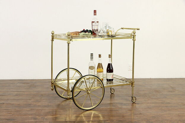 Classical Brass & Glass Vintage Bar Serving Cart,. Pineapple Finials #34395 photo