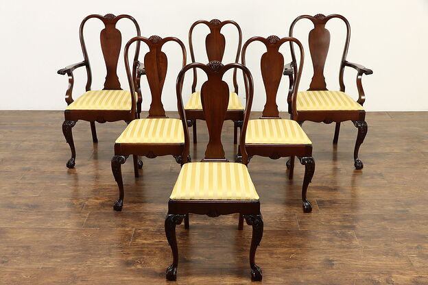 Set of 6 Georgian Chippendale Vintage Dining Chairs, New Upholstery #36047 photo