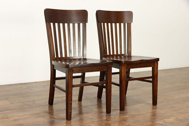 Pair of Antique Oak Dining, Library or Office Desk Chairs  #36282 photo
