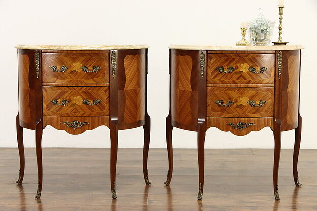 Pair of Demilune Marquetry Vintage End Tables or Nightstands Marble Tops  #35351 photo