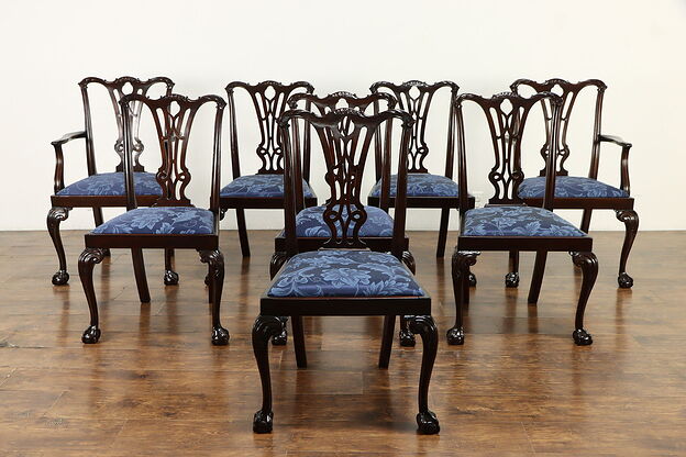 Set of 8 Georgian Chippendale Design Vintage Dining Chairs New Upholstery #36117 photo
