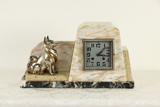 Art Deco French Antique 3 Color Marble Clock with Dog Statue, F. Marti #36457 photo
