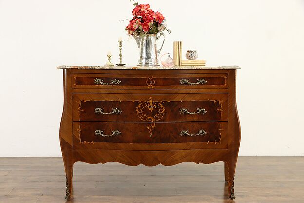 Marble Top Antique Italian Marquetry Bombe Chest, Commode or Dresser #37122 photo