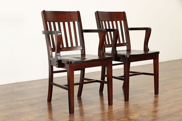 Pair of Antique Birch Hardwood Office or Library Desk Chairs with Arms #34105 photo