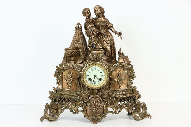 Mother & Baby Bronze Statue Antique French Mantel Clock, A.D. Mougin #34702 photo