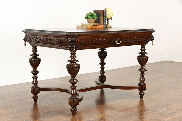 Renaissance Antique Italian Oak Desk or Library Table, Carved Lions #33745 photo