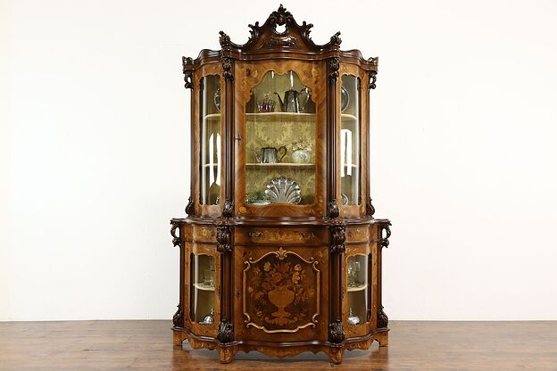 Baroque Italian Marquetry Carved Vintage China or Curio Display Cabinet #36131 photo