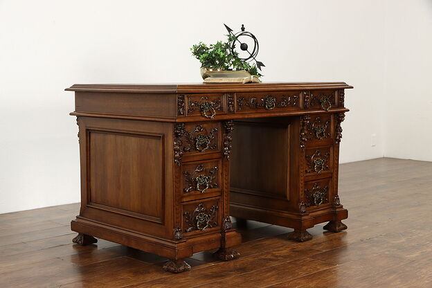 Renaissance Antique Walnut Italian Office or Library Desk, Carved Heads #36139 photo
