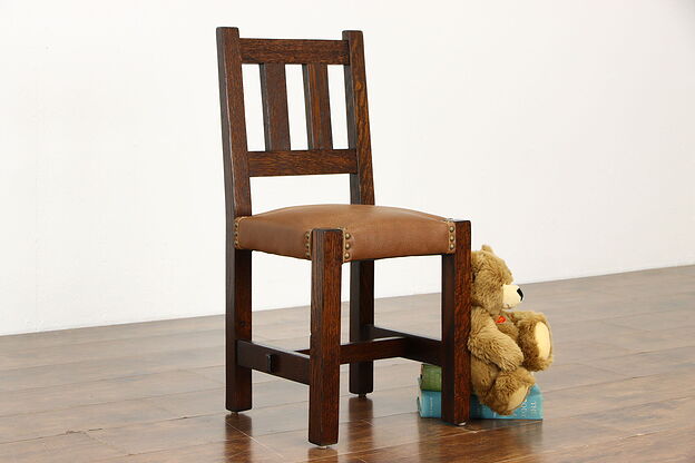 Arts & Crafts Mission Oak Antique Craftsman Child Size Chair, New Leather #36780 photo