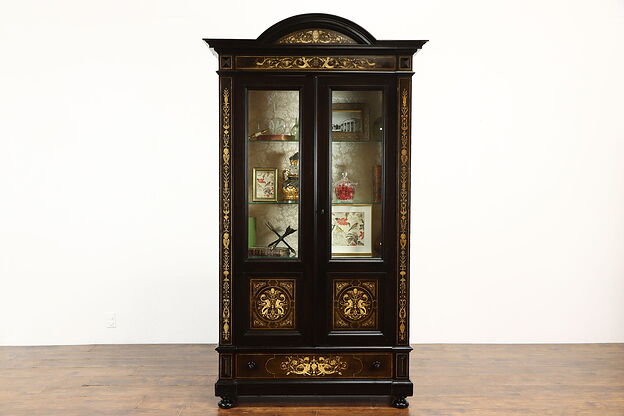 Cabinet of Curiosities, Antique Ebony Curio Display, Inlaid Marquetry #37214 photo