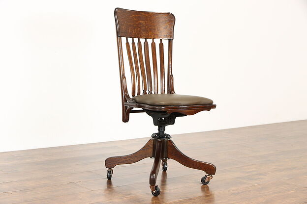 Victorian Oak Swivel Adjustable Office Desk Chair, Leather Seat, Phoenix #35672 photo