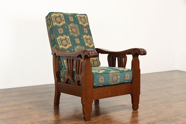 Victorian Antique Carved Oak Morris Recliner Chair, Royal #36001 photo