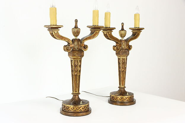 Pair of Vintage Candelabra Lamps, Beeswax Candles #34499 photo