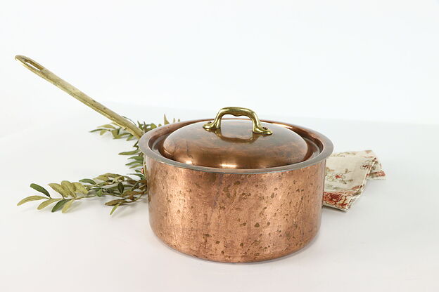 Copper Vintage Farmhouse Kettle or Sauce  Pot & Lid,  Brass Handle #38097 photo