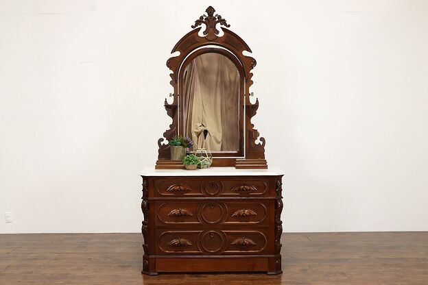 Walnut Victorian Antique Chest or Dresser, Jewelry Boxes, Mirror, Marble #35373 photo