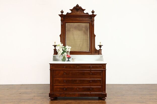 Italian Walnut Renaissance Victorian Chest, Dresser, Marble Top, Mirror #38409 photo