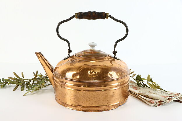 Copper Antique Farmhouse Hand Hammered Teapot, Porcelain Knob Wood Handle #38640 photo
