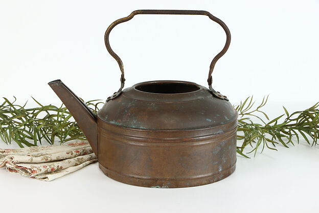 Copper Antique Large Tea Kettle, Wrought Iron Handle #37842 photo
