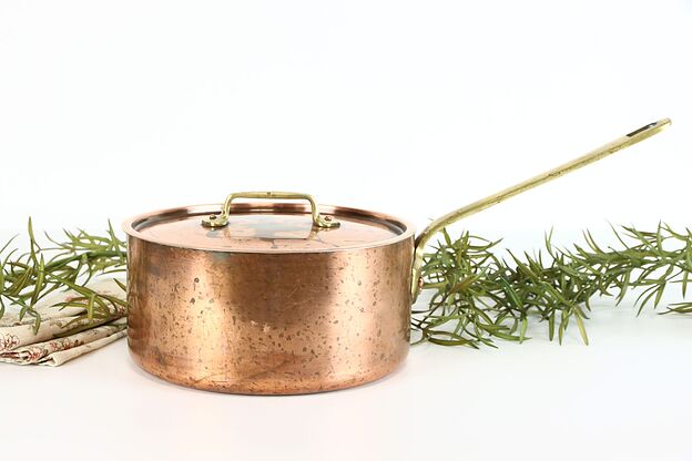 Copper Farmhouse Vintage Kettle & Lid, Brass Handles, Stainless Lined #38096 photo