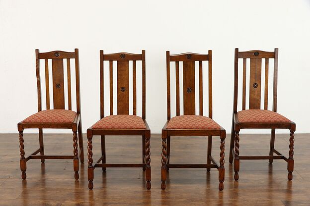Set of 4 Antique English Oak Dining Chairs, Spiral Legs, New Upholstery #38330 photo